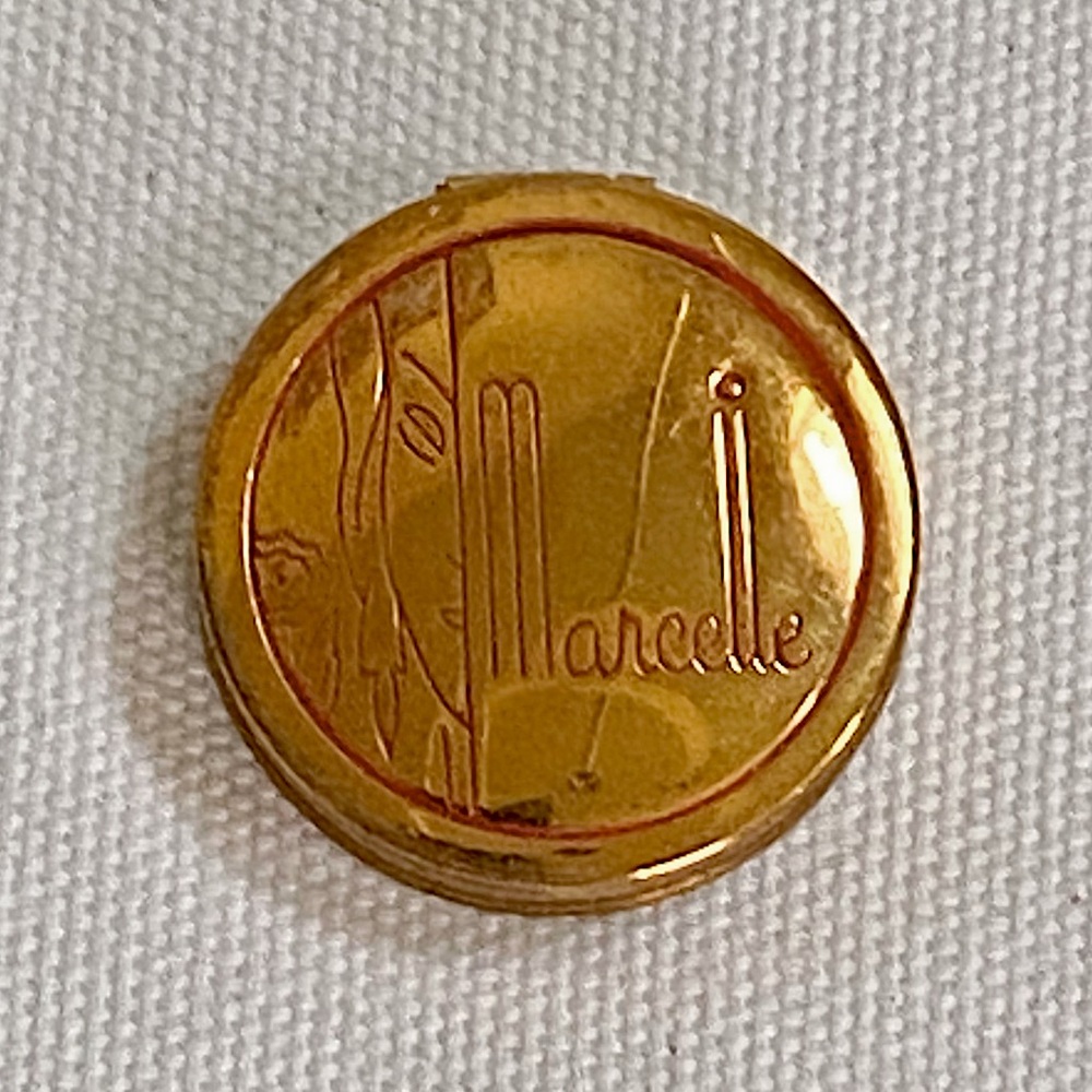 1930s Marcelle Rouge Blush Gold Tone Compact W Puff UNUSED Chicago Theatrical